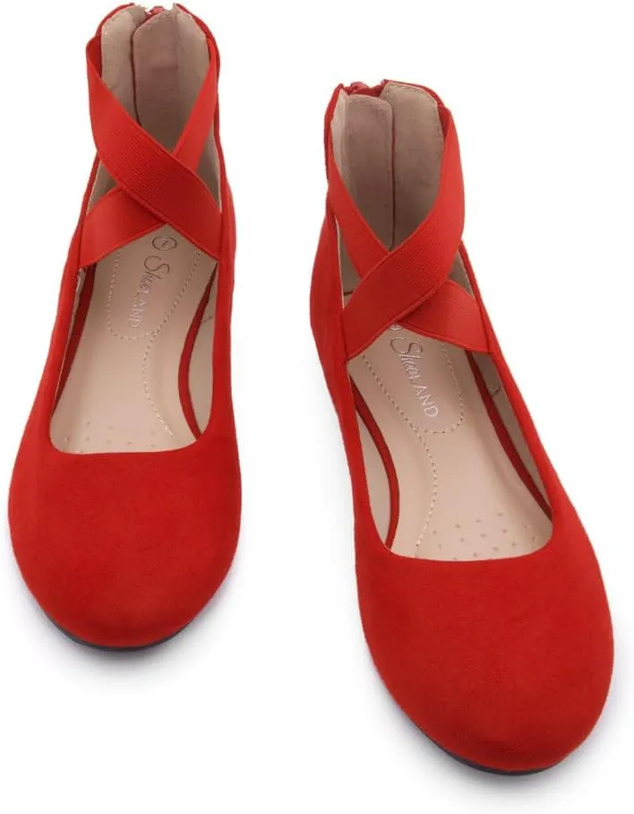 Shoe Land Women's Flats – Dressy & Casual Almond Toe Flat Shoes with Elastic Ankle Strap, Comfortable Slip-On Ballet Flats for Work, Office & Special Occasions