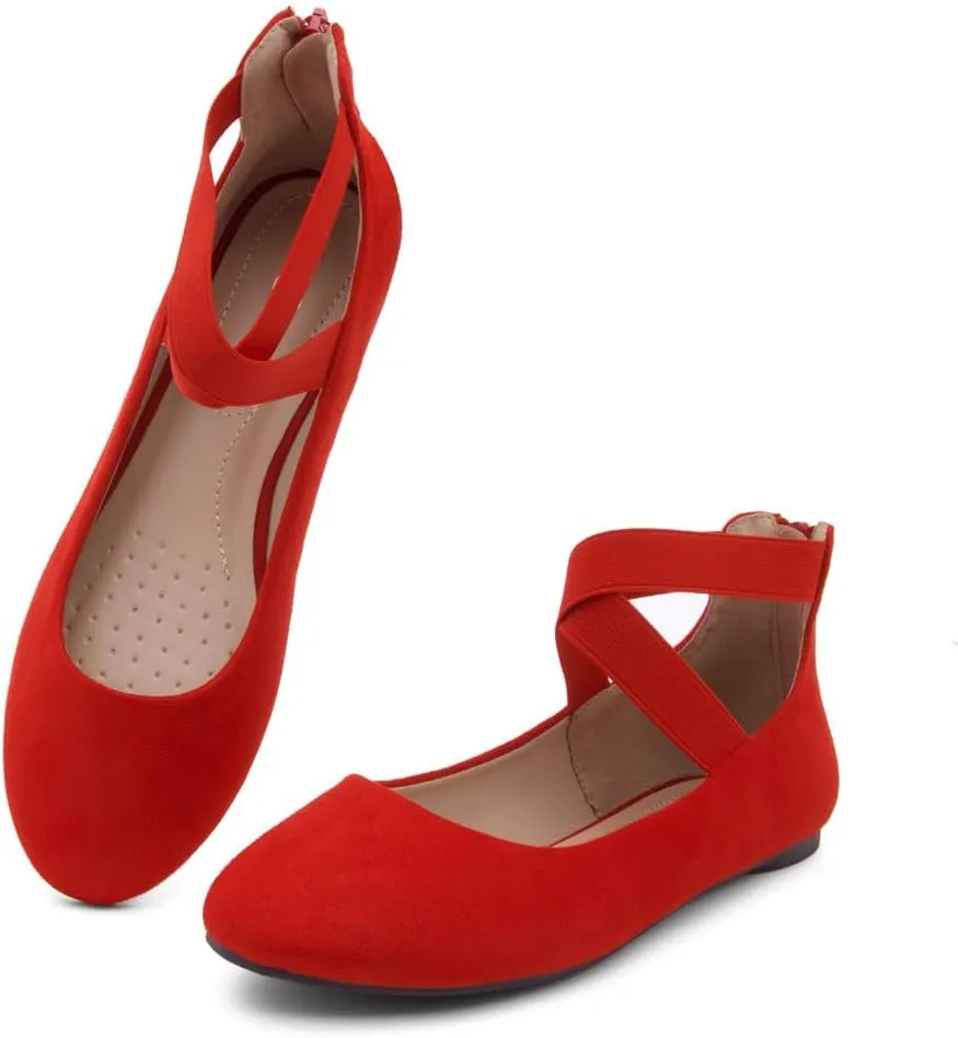 Shoe Land Women's Flats – Dressy & Casual Almond Toe Flat Shoes with Elastic Ankle Strap, Comfortable Slip-On Ballet Flats for Work, Office & Special Occasions