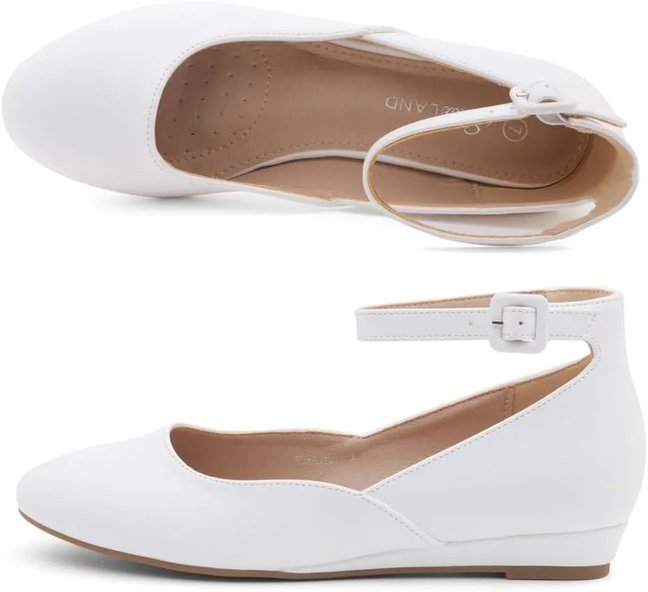 Shoe Land Women’s Flats – Dressy & Comfortable Slip-On Shoes with Low Wedge & Ankle Strap | Round Toe Ballet Flats for Work, Office, Party & Business Casual
