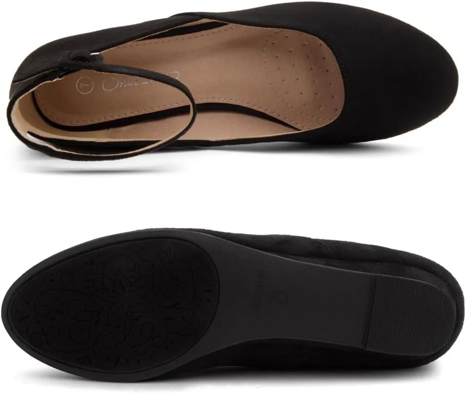 Shoe Land Women’s Flats – Dressy & Comfortable Slip-On Shoes with Low Wedge & Ankle Strap | Round Toe Ballet Flats for Work, Office, Party & Business Casual