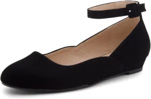 Shoe Land Women’s Flats – Dressy & Comfortable Slip-On Shoes with Low Wedge & Ankle Strap | Round Toe Ballet Flats for Work, Office, Party & Business Casual