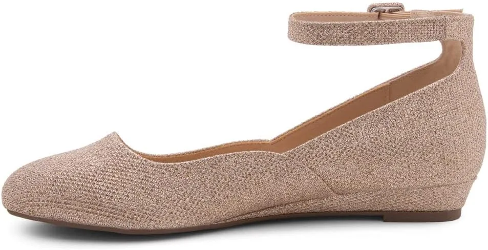 Shoe Land Women’s Flats – Dressy & Comfortable Slip-On Shoes with Low Wedge & Ankle Strap | Round Toe Ballet Flats for Work, Office, Party & Business Casual