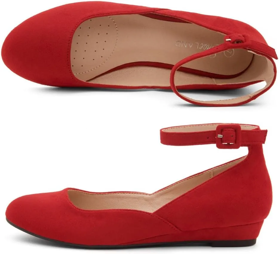 Shoe Land Women’s Flats – Dressy & Comfortable Slip-On Shoes with Low Wedge & Ankle Strap | Round Toe Ballet Flats for Work, Office, Party & Business Casual