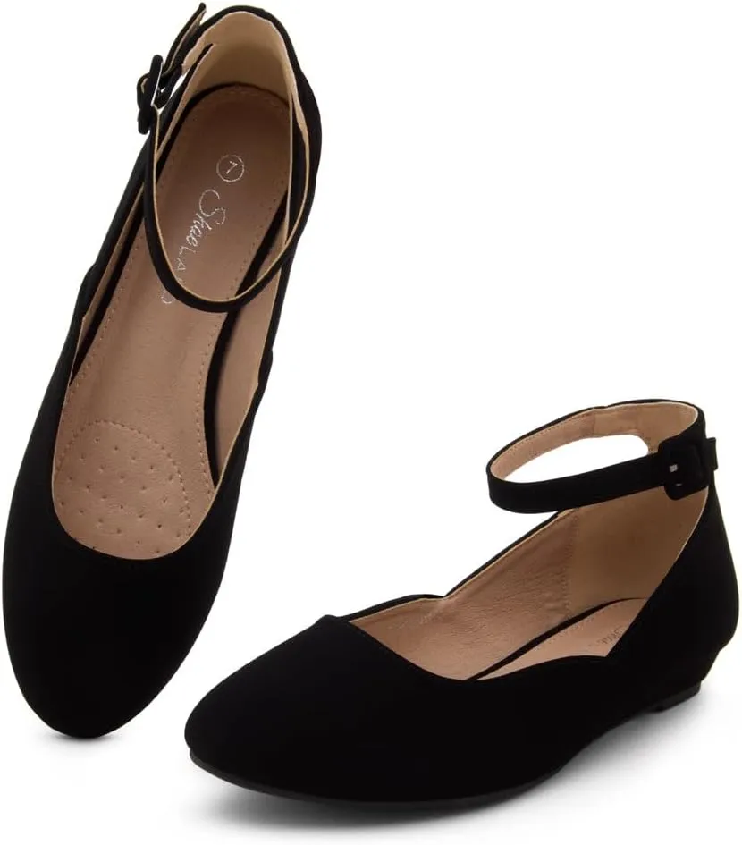 Shoe Land Women’s Flats – Dressy & Comfortable Slip-On Shoes with Low Wedge & Ankle Strap | Round Toe Ballet Flats for Work, Office, Party & Business Casual