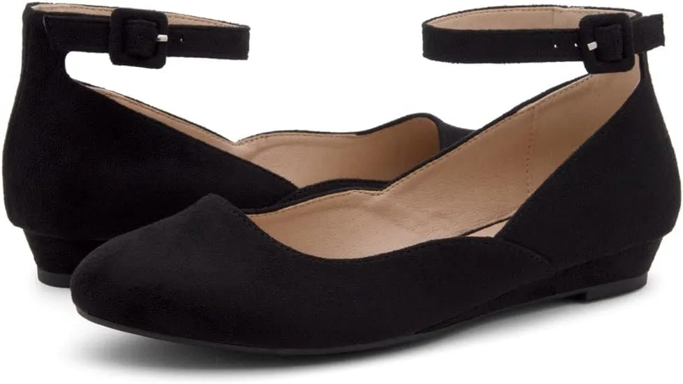 Shoe Land Women’s Flats – Dressy & Comfortable Slip-On Shoes with Low Wedge & Ankle Strap | Round Toe Ballet Flats for Work, Office, Party & Business Casual