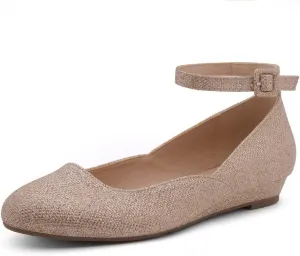 Shoe Land Women’s Flats – Dressy & Comfortable Slip-On Shoes with Low Wedge & Ankle Strap | Round Toe Ballet Flats for Work, Office, Party & Business Casual