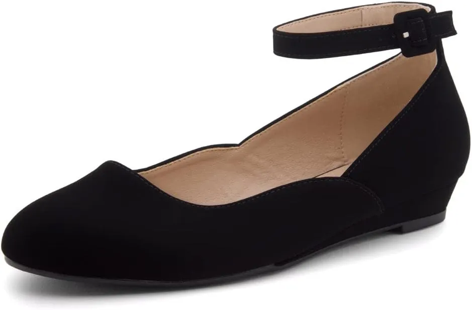 Shoe Land Women’s Flats – Dressy & Comfortable Slip-On Shoes with Low Wedge & Ankle Strap | Round Toe Ballet Flats for Work, Office, Party & Business Casual