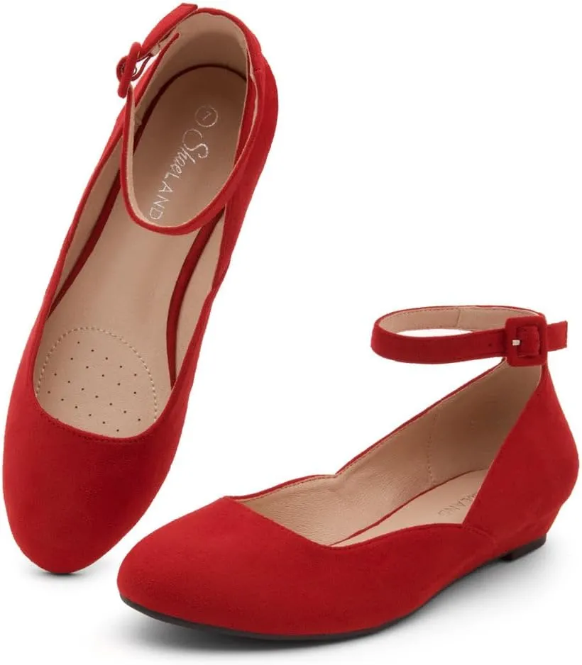 Shoe Land Women’s Flats – Dressy & Comfortable Slip-On Shoes with Low Wedge & Ankle Strap | Round Toe Ballet Flats for Work, Office, Party & Business Casual