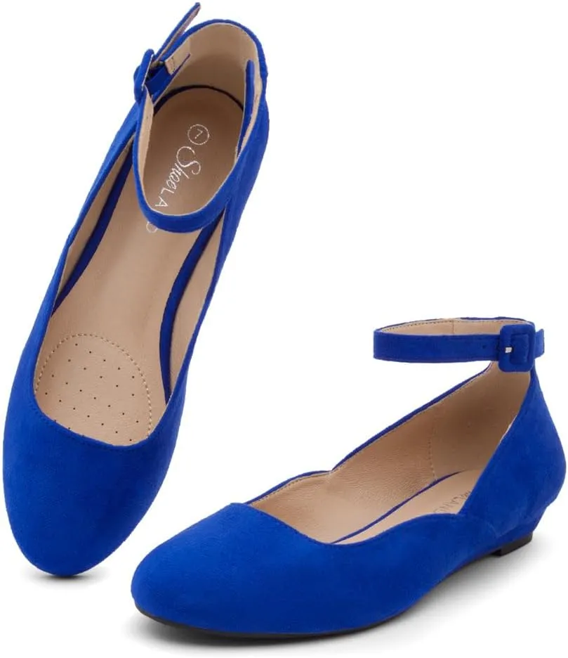 Shoe Land Women’s Flats – Dressy & Comfortable Slip-On Shoes with Low Wedge & Ankle Strap | Round Toe Ballet Flats for Work, Office, Party & Business Casual
