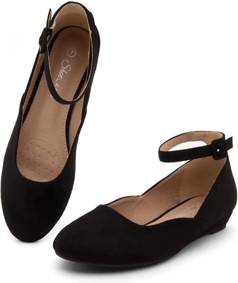 Shoe Land Women’s Flats – Dressy & Comfortable Slip-On Shoes with Low Wedge & Ankle Strap | Round Toe Ballet Flats for Work, Office, Party & Business Casual