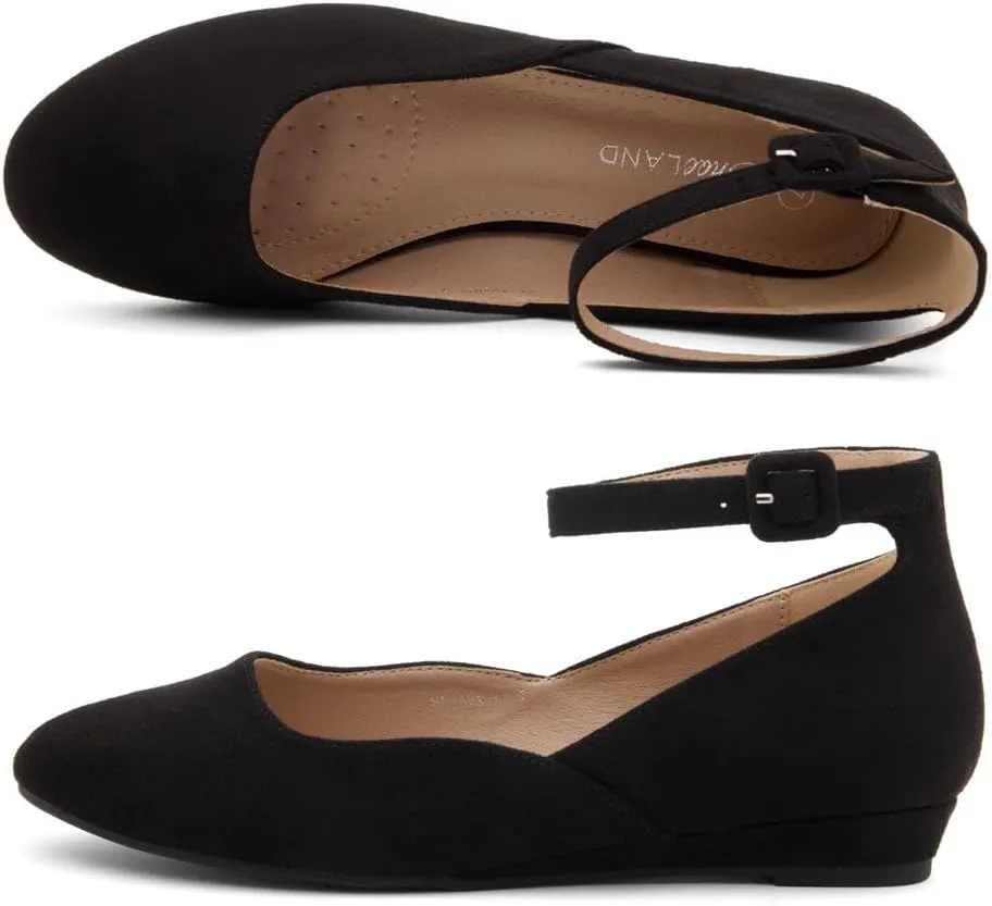 Shoe Land Women’s Flats – Dressy & Comfortable Slip-On Shoes with Low Wedge & Ankle Strap | Round Toe Ballet Flats for Work, Office, Party & Business Casual