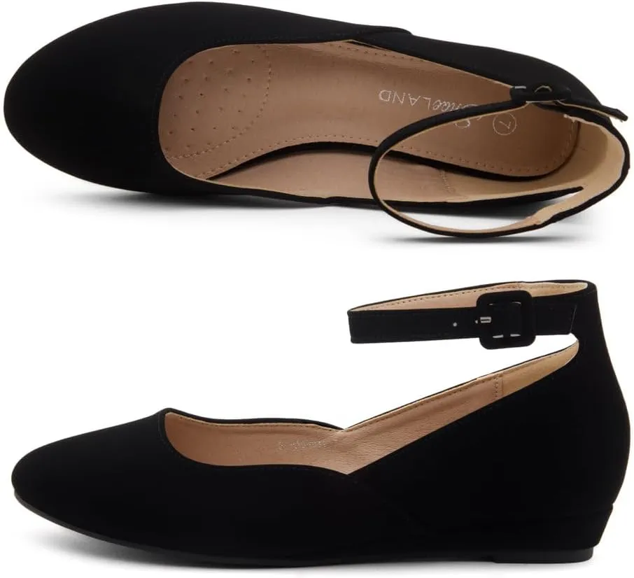 Shoe Land Women’s Flats – Dressy & Comfortable Slip-On Shoes with Low Wedge & Ankle Strap | Round Toe Ballet Flats for Work, Office, Party & Business Casual