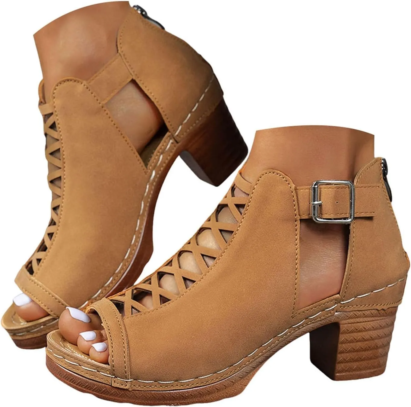 Shoes for Women Dressy, Womens Sandals Suede Peep Toe Ankle Booties Cut Out Stacked Block Heel Ankle Boots
