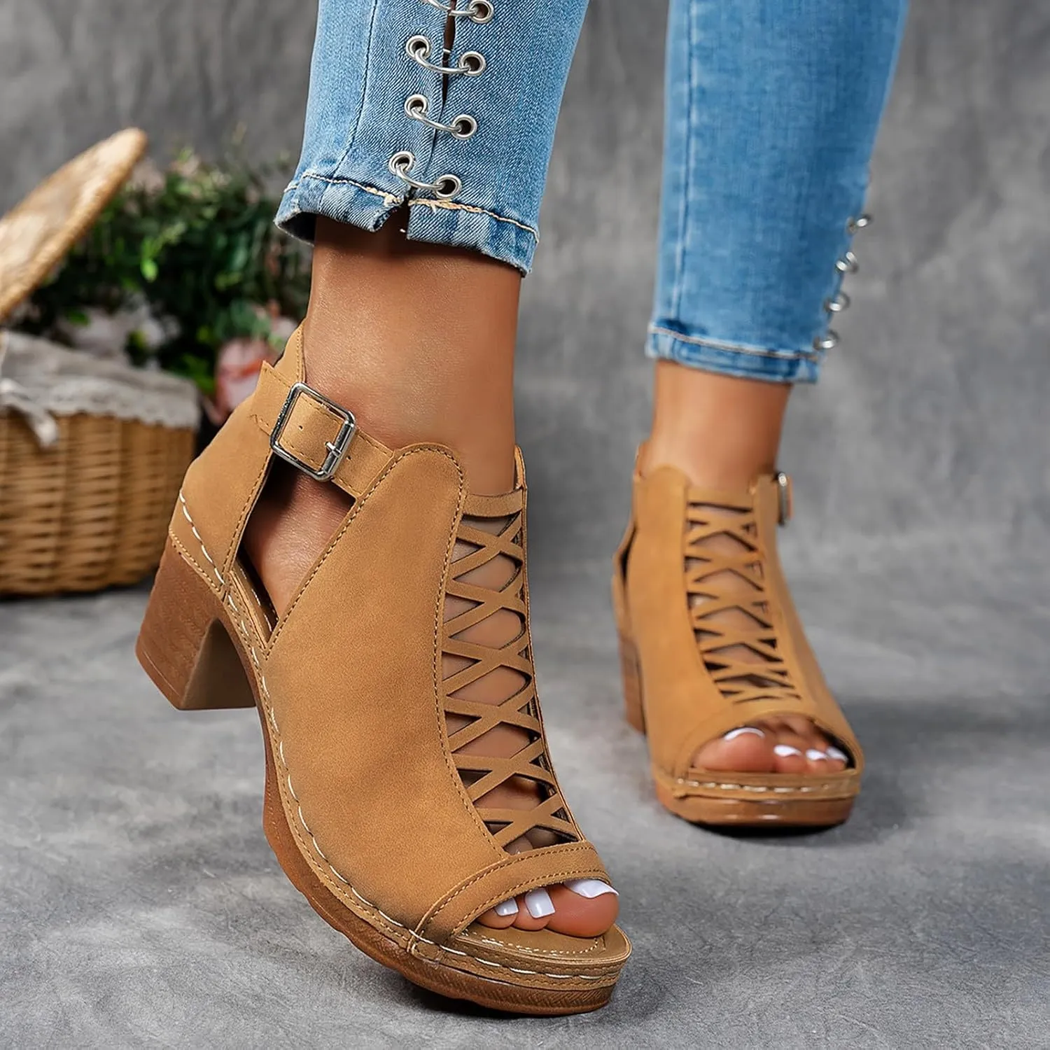 Shoes for Women Dressy, Womens Sandals Suede Peep Toe Ankle Booties Cut Out Stacked Block Heel Ankle Boots