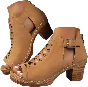 Shoes for Women Dressy, Womens Sandals Suede Peep Toe Ankle Booties Cut Out Stacked Block Heel Ankle Boots