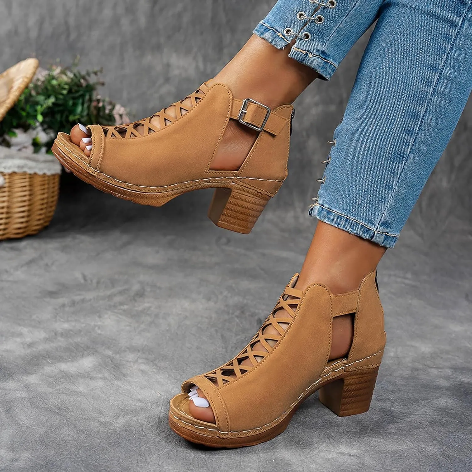 Shoes for Women Dressy, Womens Sandals Suede Peep Toe Ankle Booties Cut Out Stacked Block Heel Ankle Boots
