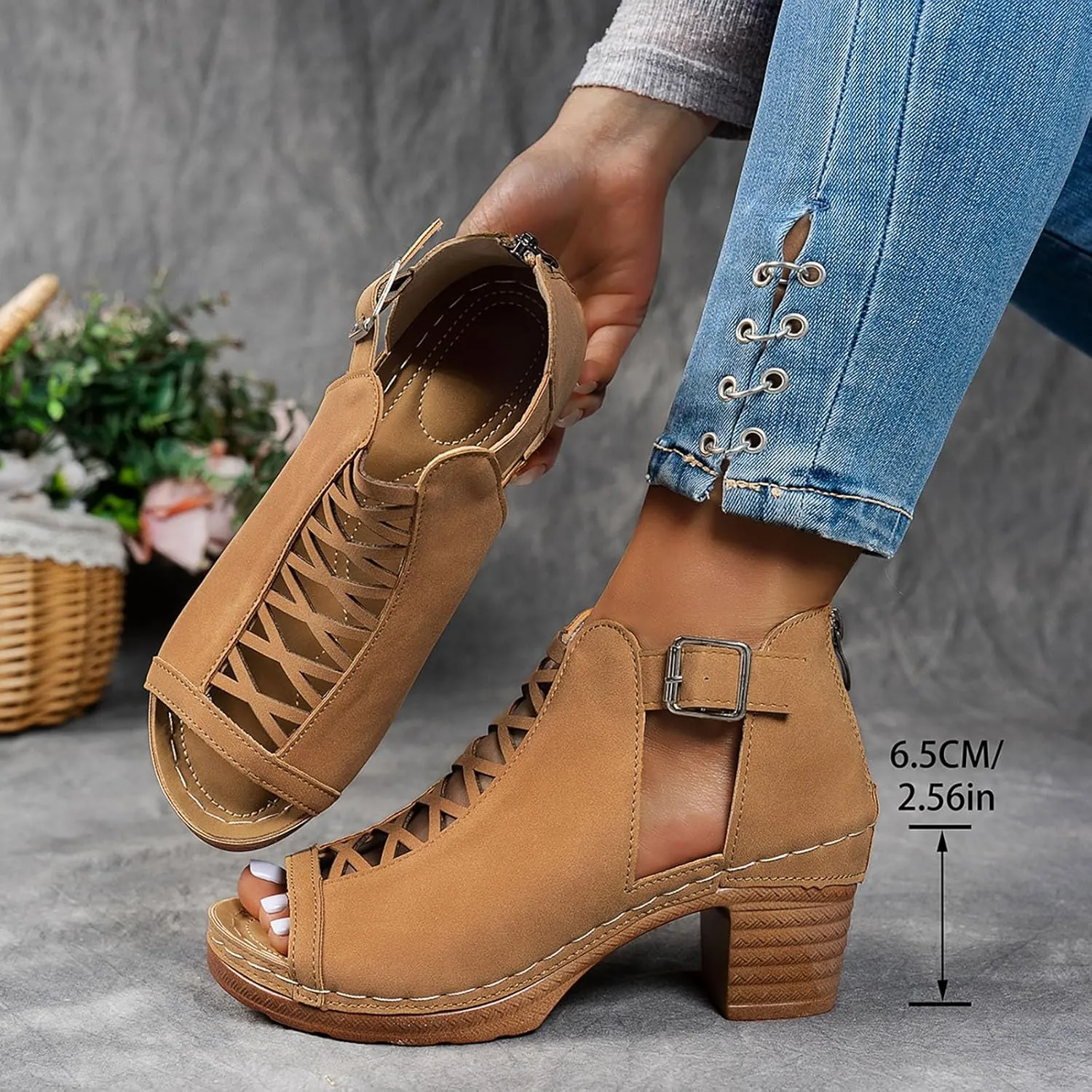 Shoes for Women Dressy, Womens Sandals Suede Peep Toe Ankle Booties Cut Out Stacked Block Heel Ankle Boots