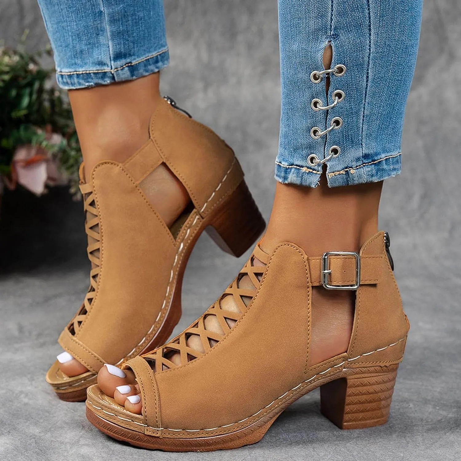 Shoes for Women Dressy, Womens Sandals Suede Peep Toe Ankle Booties Cut Out Stacked Block Heel Ankle Boots