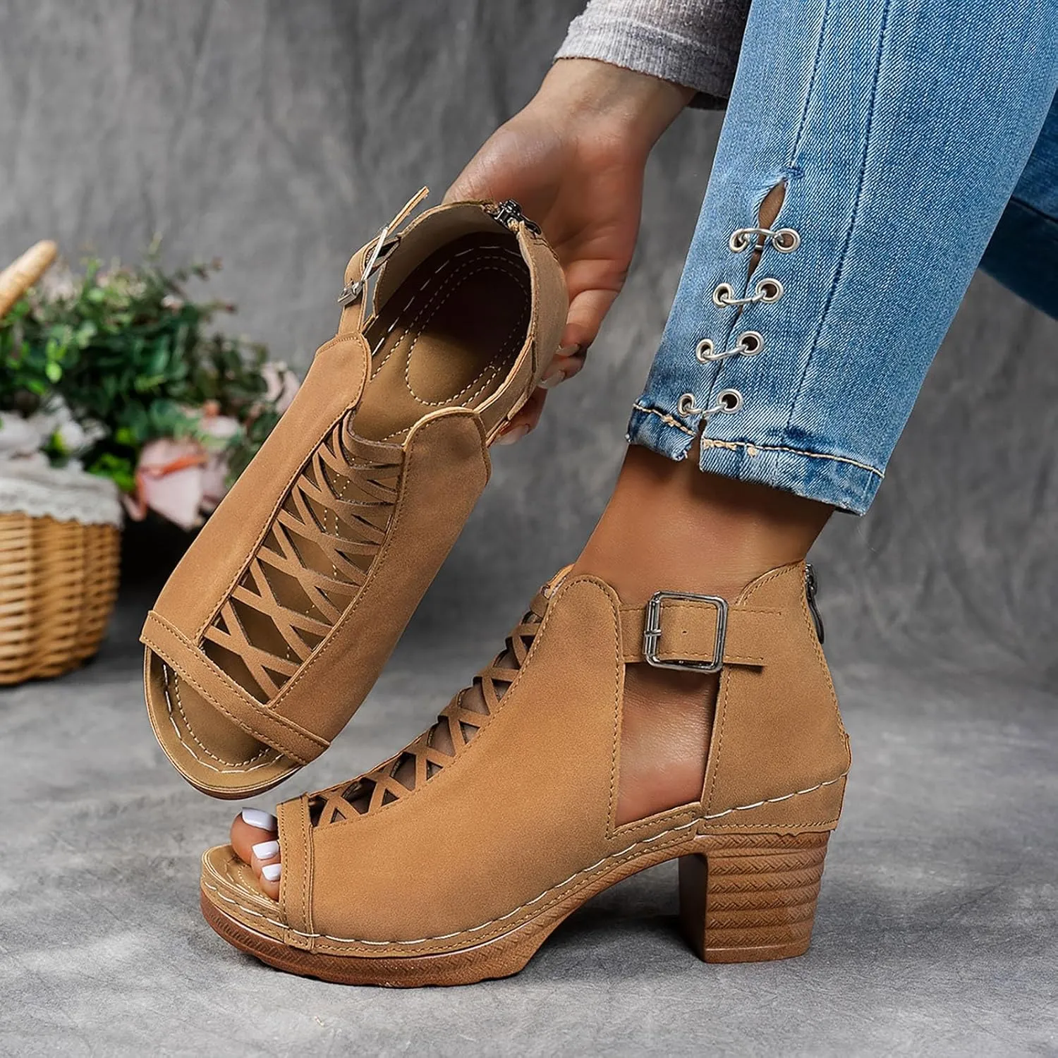 Shoes for Women Dressy, Womens Sandals Suede Peep Toe Ankle Booties Cut Out Stacked Block Heel Ankle Boots