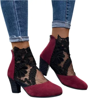 Shoes for Women Sandals, Womens Sandals Sexy Hollow Floral Lace Chunky High Heels Peep Toe Platform Boots