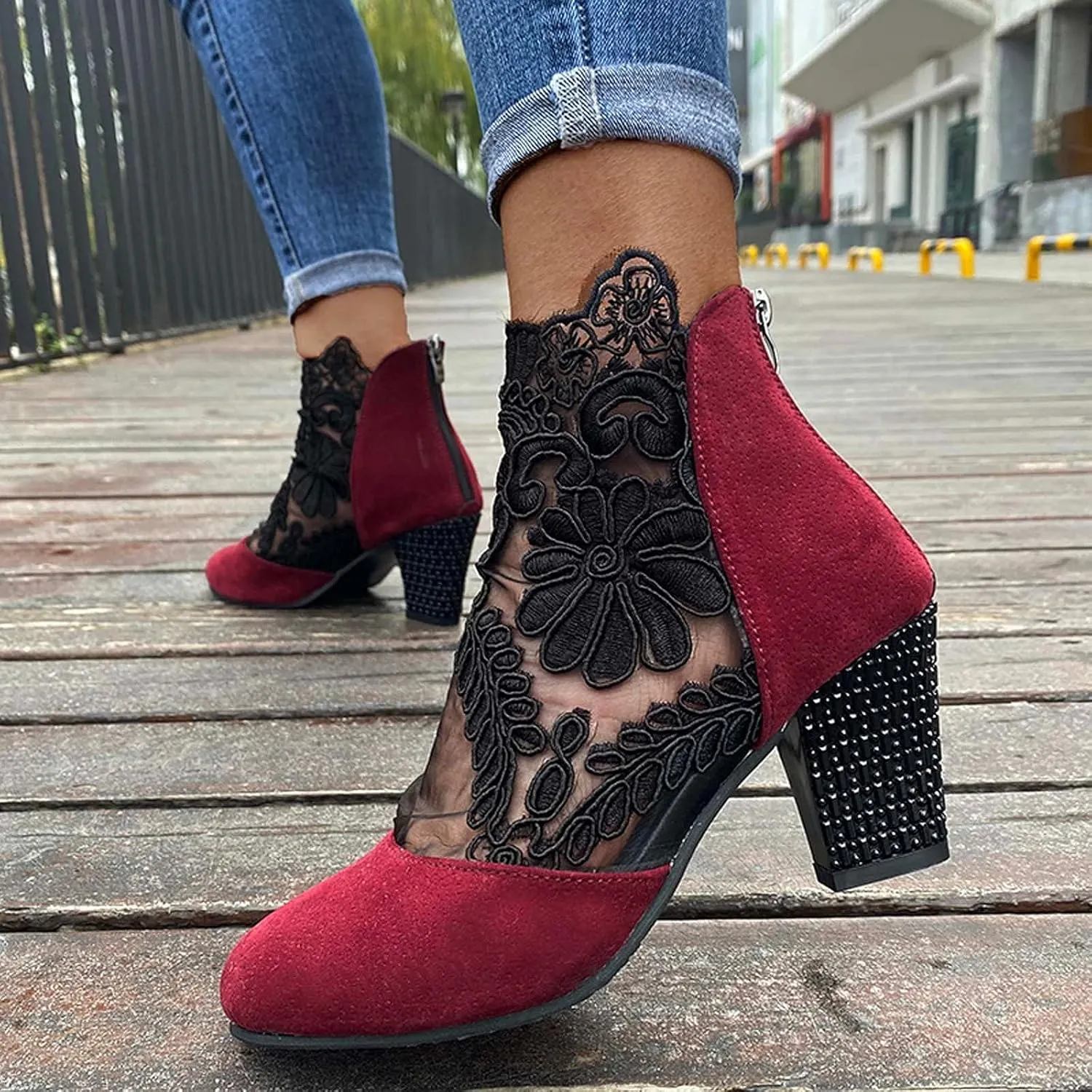 Shoes for Women Sandals, Womens Sandals Sexy Hollow Floral Lace Chunky High Heels Peep Toe Platform Boots