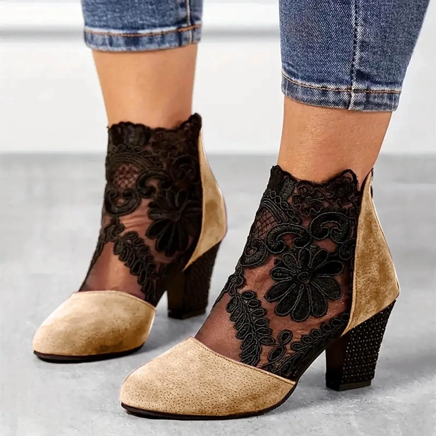Shoes for Women Sandals, Womens Sandals Sexy Hollow Floral Lace Chunky High Heels Peep Toe Platform Boots