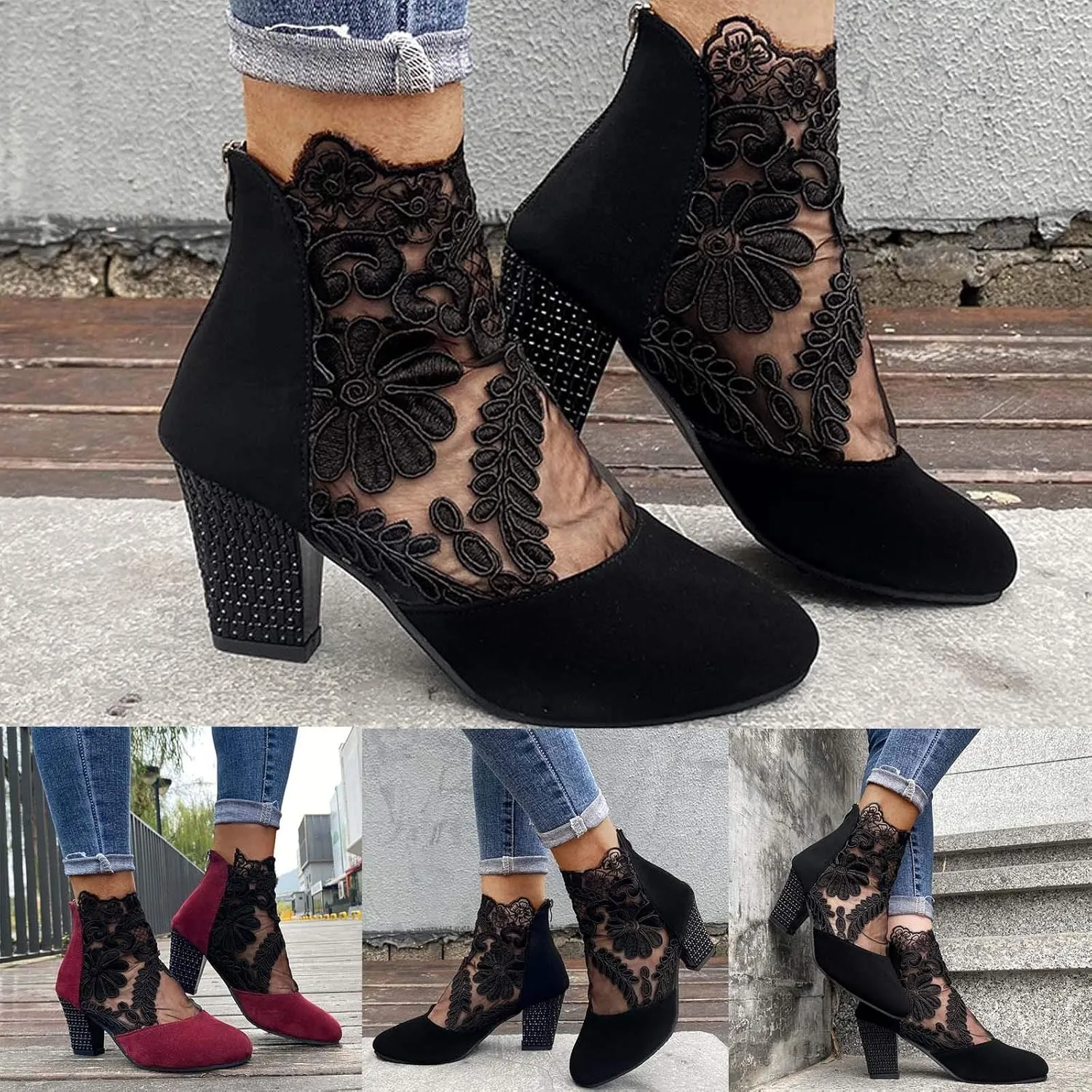 Shoes for Women Sandals, Womens Sandals Sexy Hollow Floral Lace Chunky High Heels Peep Toe Platform Boots