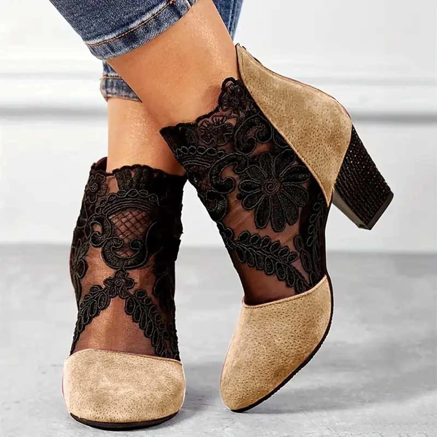 Shoes for Women Sandals, Womens Sandals Sexy Hollow Floral Lace Chunky High Heels Peep Toe Platform Boots