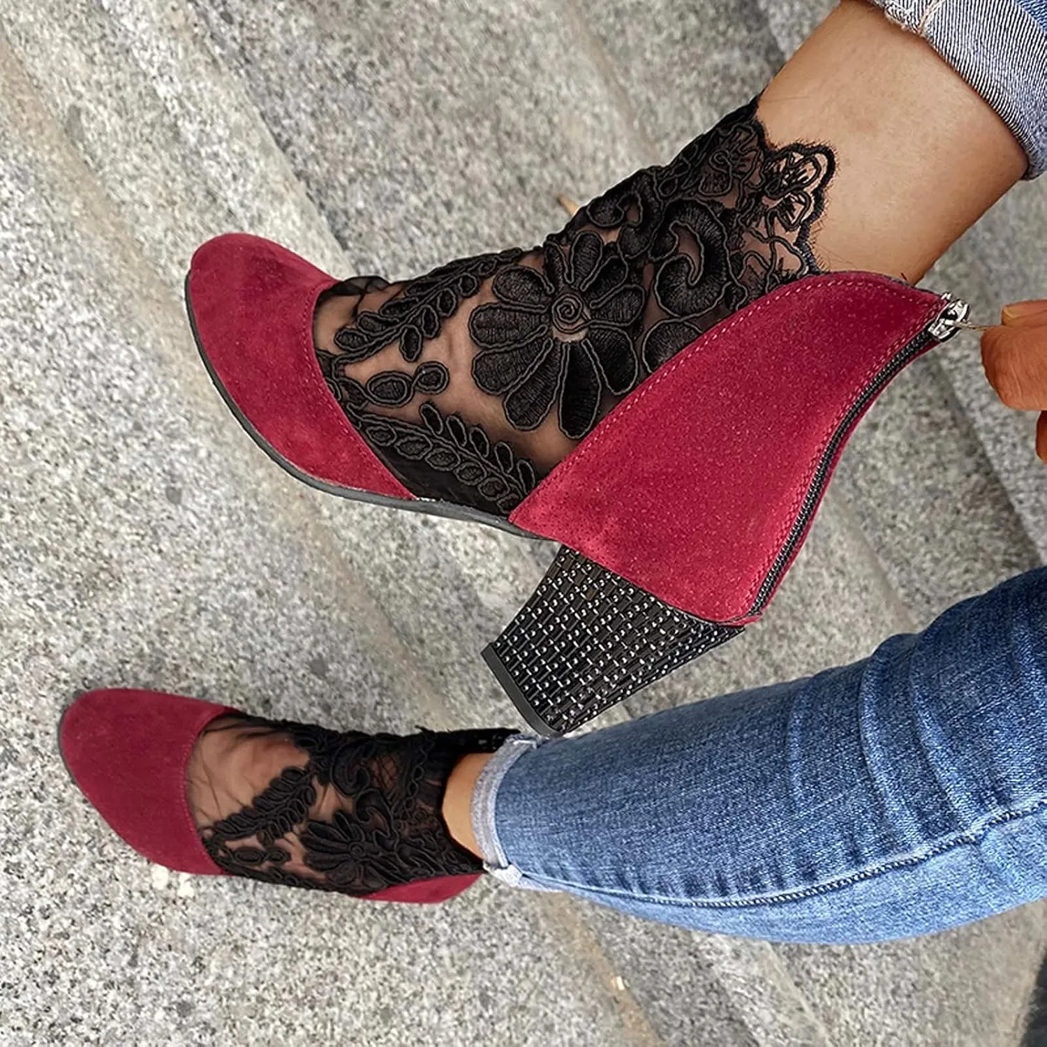 Shoes for Women Sandals, Womens Sandals Sexy Hollow Floral Lace Chunky High Heels Peep Toe Platform Boots