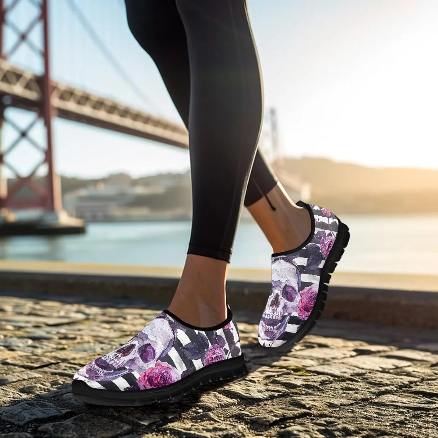 Skull Print Slip on Shoes for Men Women Loafers Hands Free Shoes Running Sneakers Breathable Walking Shoes