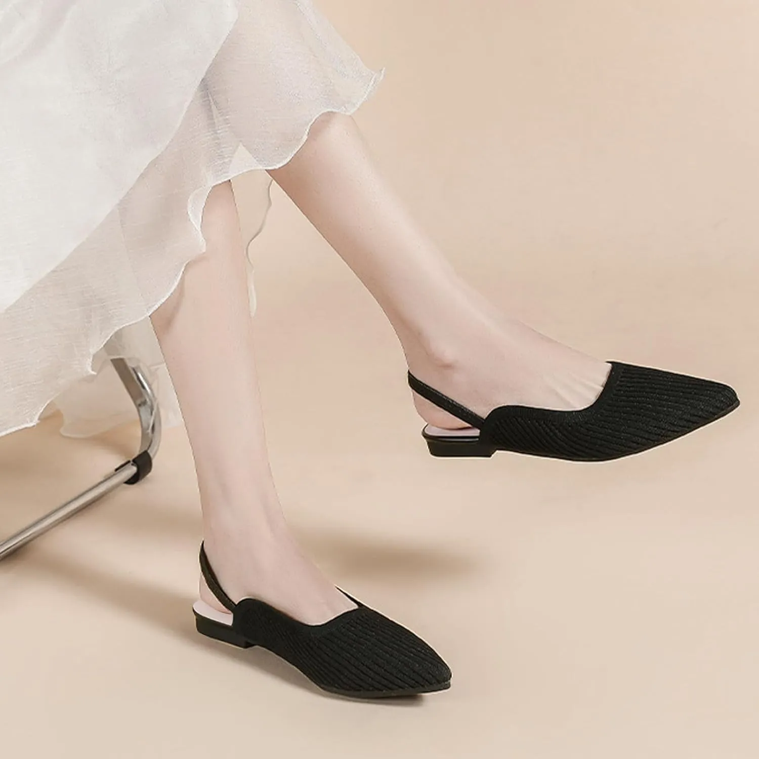 Slingback Flats for Women Pointed Toe Flats Breathable Knit Comfortable Dressy Casual for Work Office Slip on Ballet Flats