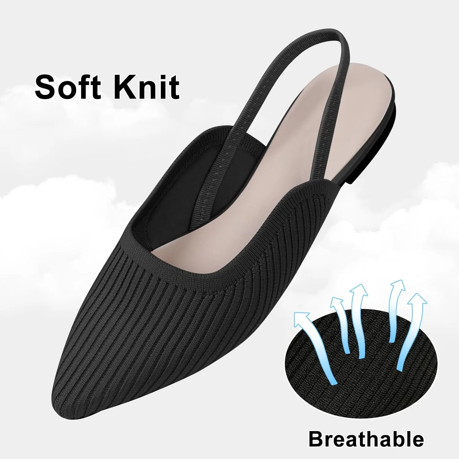 Slingback Flats for Women Pointed Toe Flats Breathable Knit Comfortable Dressy Casual for Work Office Slip on Ballet Flats