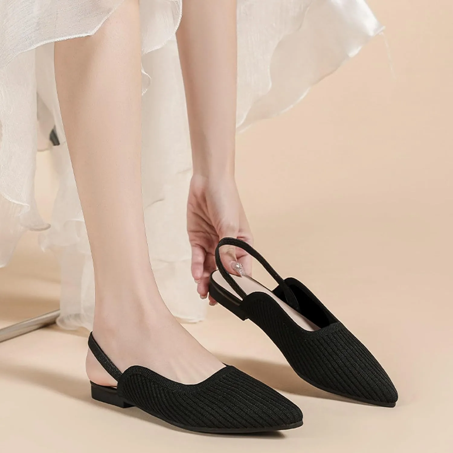 Slingback Flats for Women Pointed Toe Flats Breathable Knit Comfortable Dressy Casual for Work Office Slip on Ballet Flats