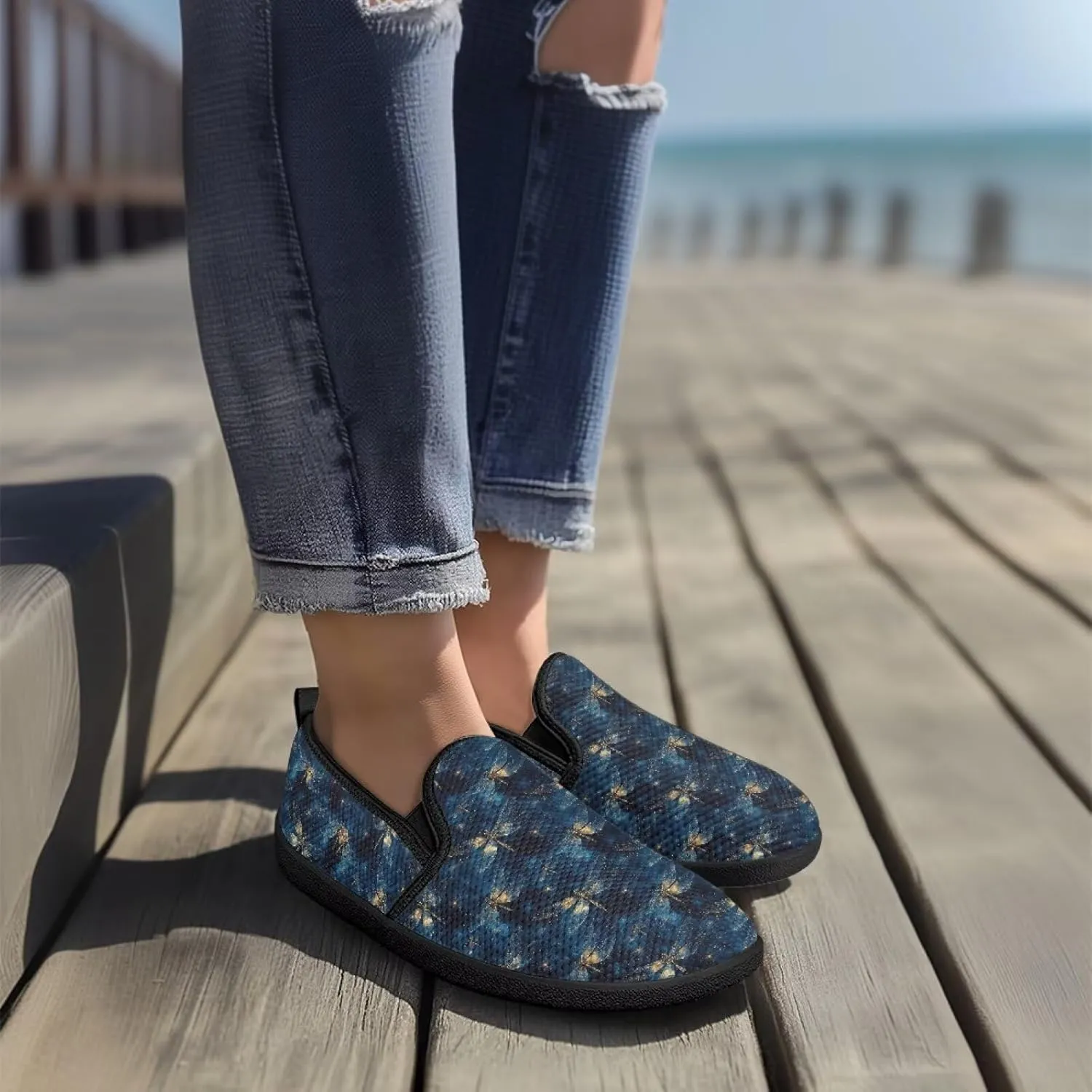 Slip On Casual Flats for Women Breathable Loafers Wide Toe Walking Shoes Laides Fashion Round Toe Art Painted Travel Shoes SizeUS 6-11