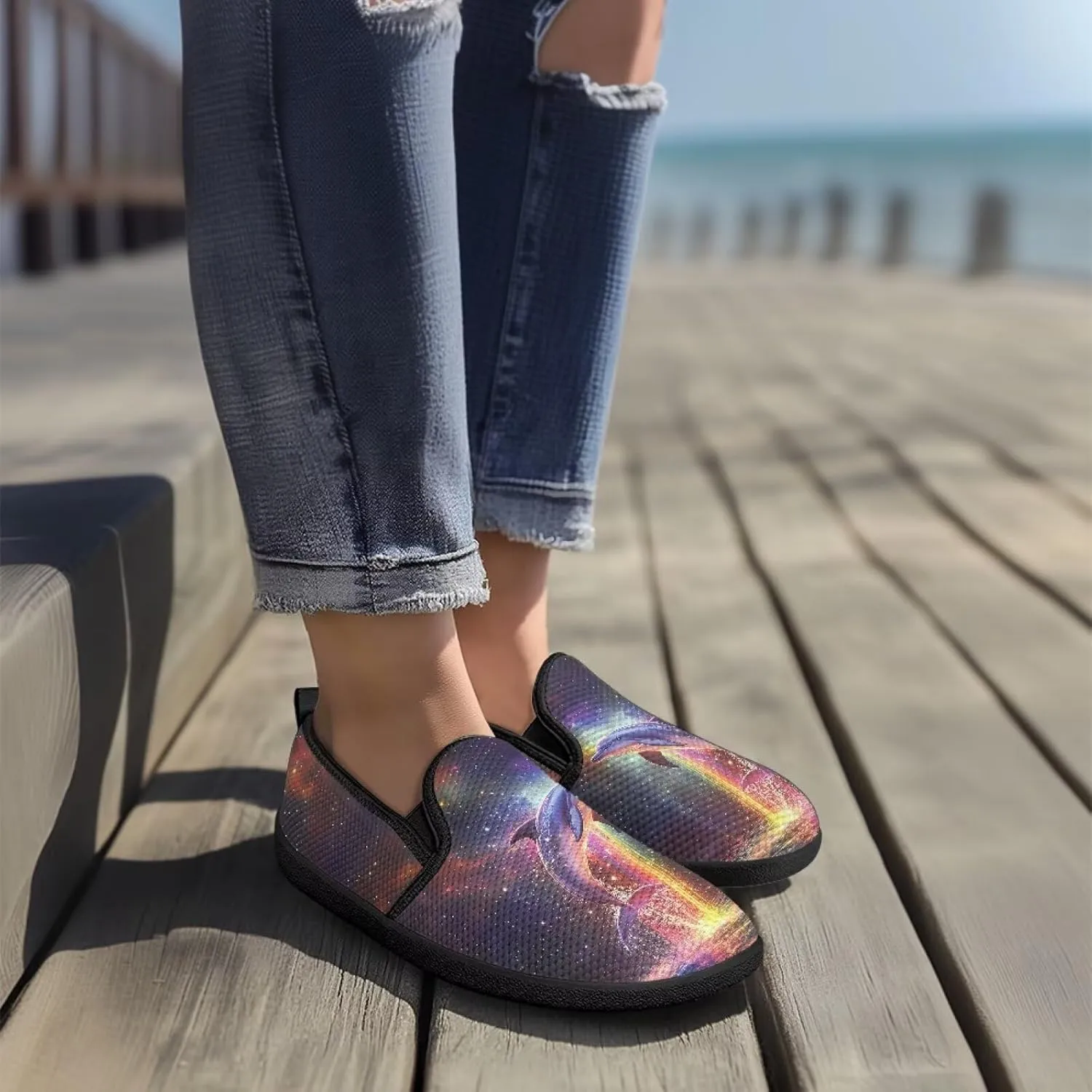 Slip On Casual Flats for Women Breathable Loafers Wide Toe Walking Shoes Laides Fashion Round Toe Art Painted Travel Shoes SizeUS 6-11
