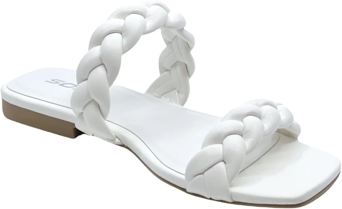 Soda Women's Square Open Toe Flat Sandals Braided Strap Slip-on Slides Woven Sandals Vault White 6