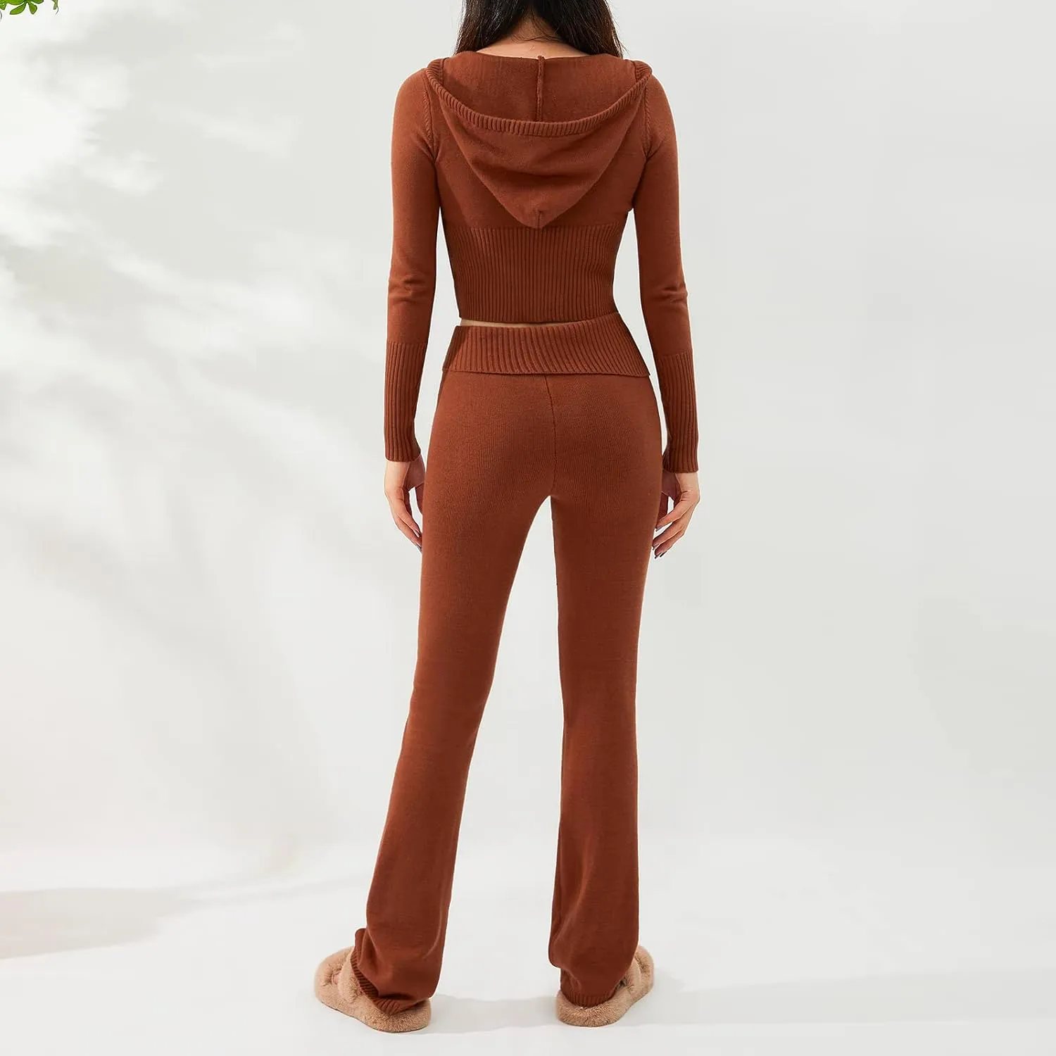 SOLILOQUY Women 's Two Piece Outfits Sweater Set Rib-Knit Pullover Top Skinny Pants Set Jumpsuit Tracksuit Loungewear