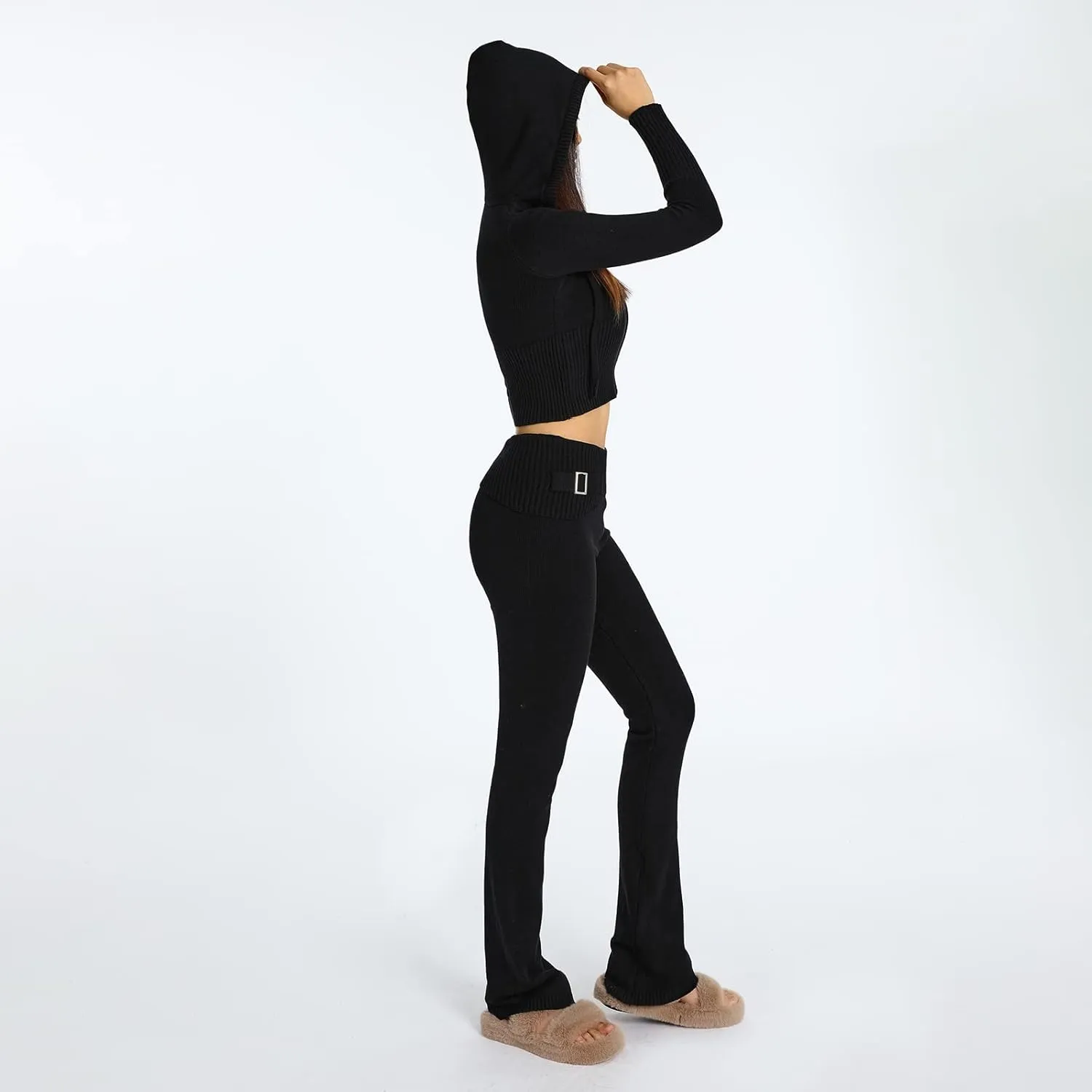 SOLILOQUY Women 's Two Piece Outfits Sweater Set Rib-Knit Pullover Top Skinny Pants Set Jumpsuit Tracksuit Loungewear
