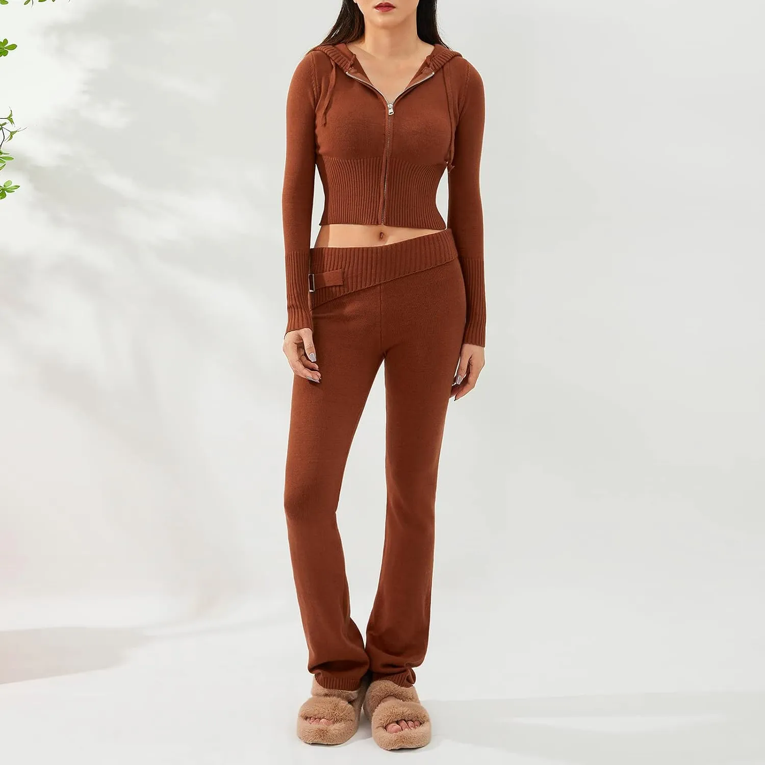 SOLILOQUY Women 's Two Piece Outfits Sweater Set Rib-Knit Pullover Top Skinny Pants Set Jumpsuit Tracksuit Loungewear