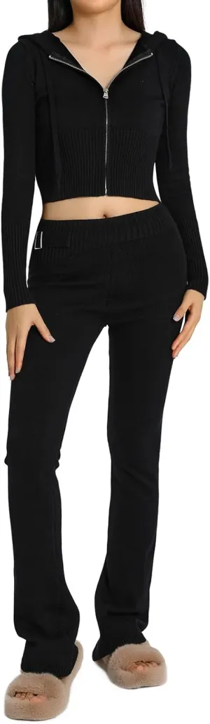 SOLILOQUY Women 's Two Piece Outfits Sweater Set Rib-Knit Pullover Top Skinny Pants Set Jumpsuit Tracksuit Loungewear