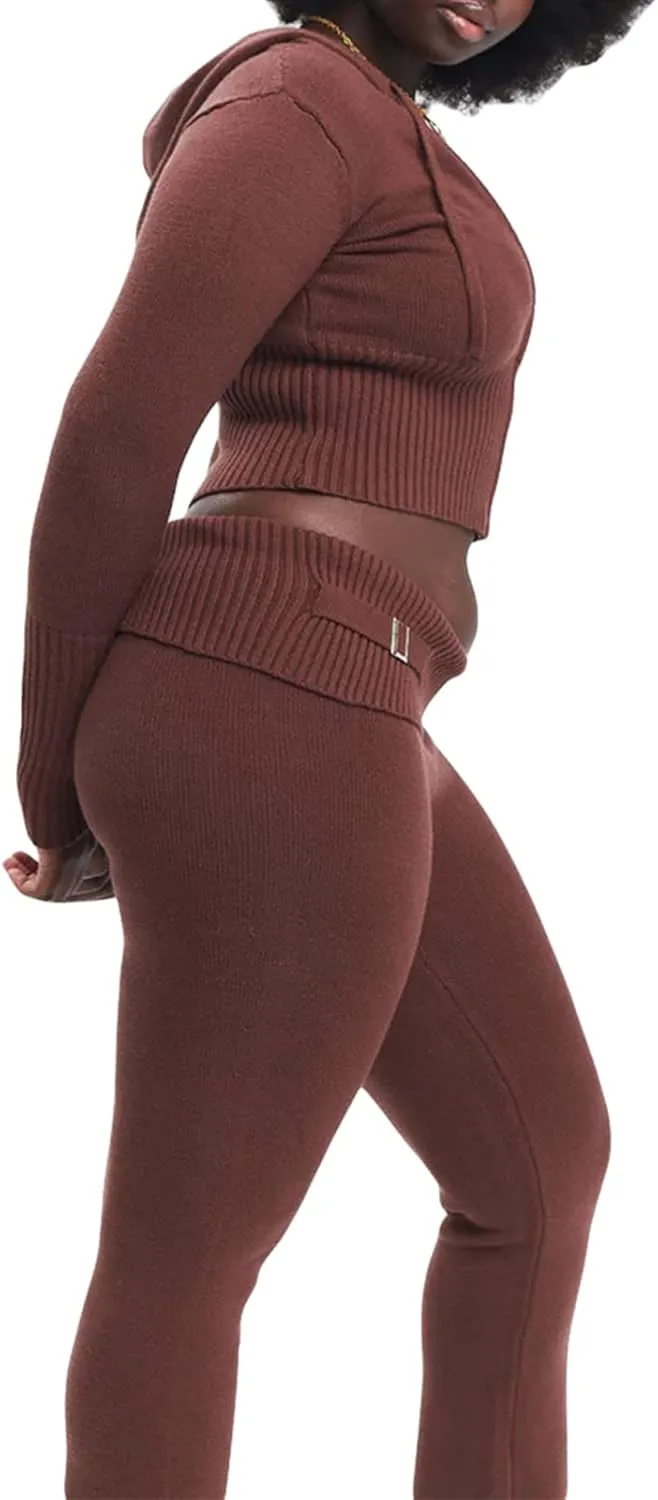 SOLILOQUY Women 's Two Piece Outfits Sweater Set Rib-Knit Pullover Top Skinny Pants Set Jumpsuit Tracksuit Loungewear