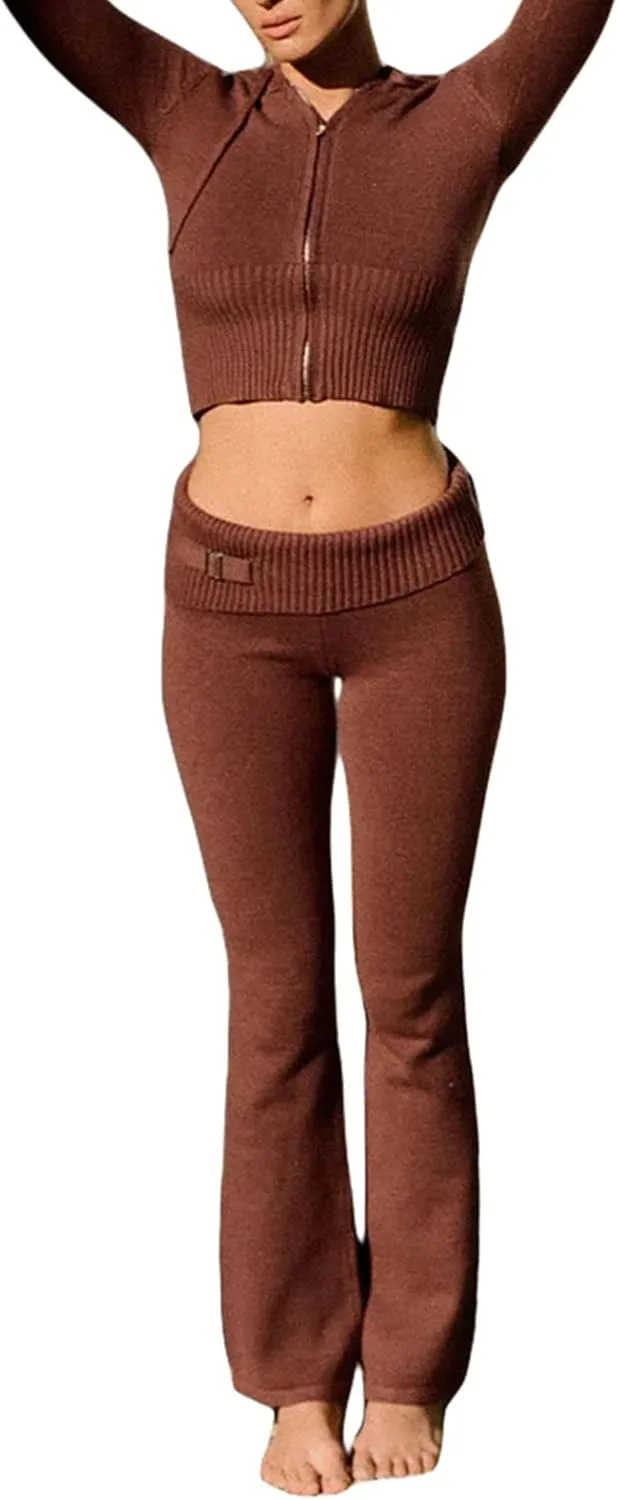 SOLILOQUY Women 's Two Piece Outfits Sweater Set Rib-Knit Pullover Top Skinny Pants Set Jumpsuit Tracksuit Loungewear