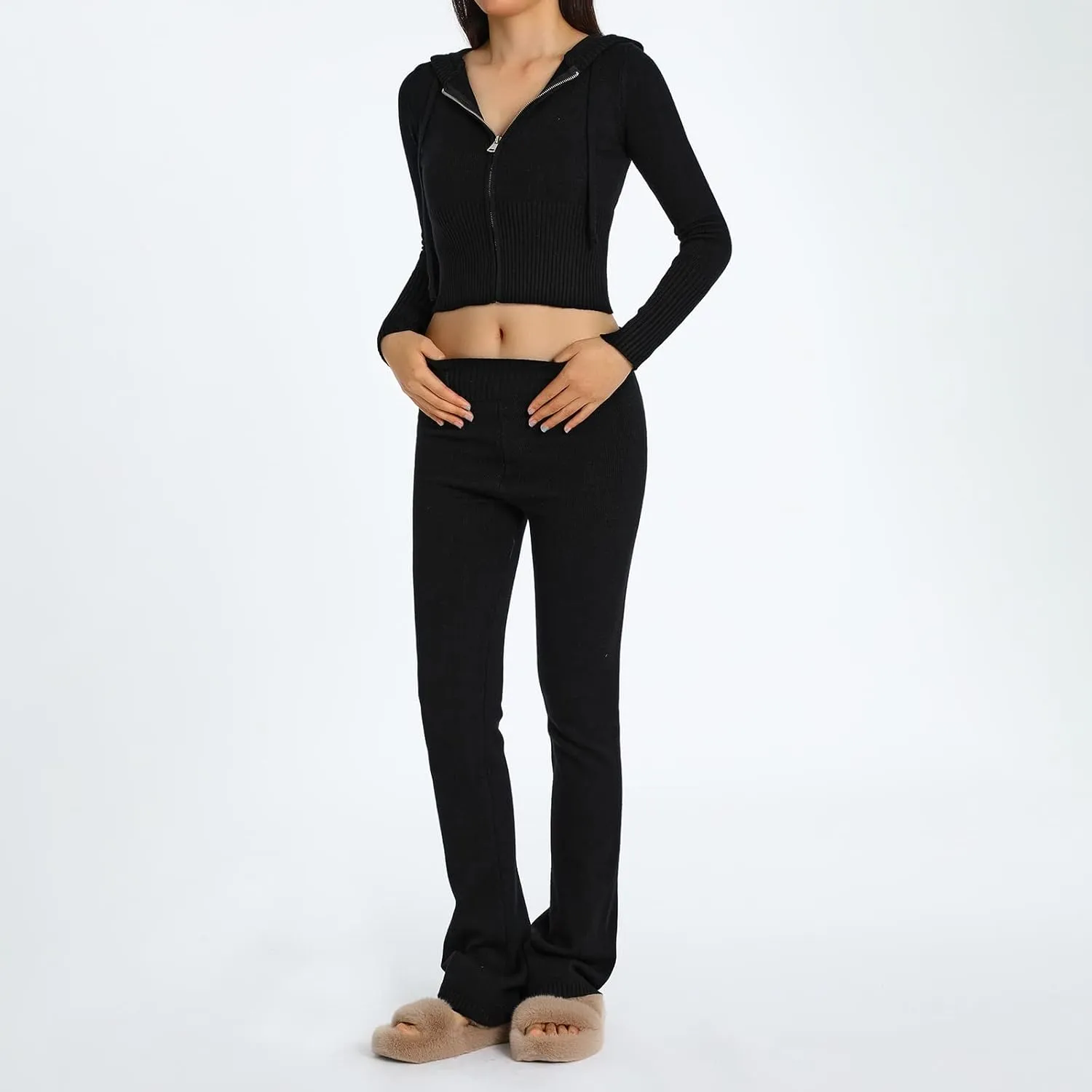 SOLILOQUY Women 's Two Piece Outfits Sweater Set Rib-Knit Pullover Top Skinny Pants Set Jumpsuit Tracksuit Loungewear