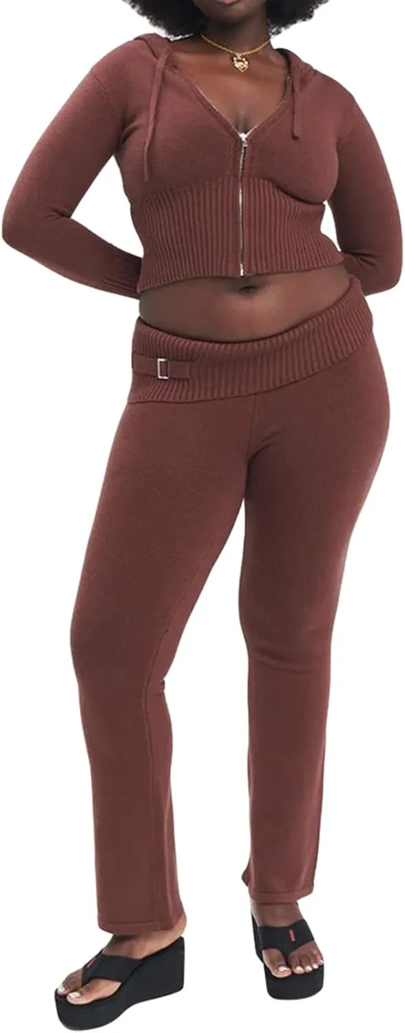 SOLILOQUY Women 's Two Piece Outfits Sweater Set Rib-Knit Pullover Top Skinny Pants Set Jumpsuit Tracksuit Loungewear