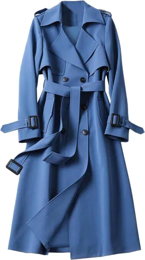 SOMTHRON Women's Double Breasted Long Trench Coat Belted Notch Lapel Overcoat Windproof Classic Outerwear