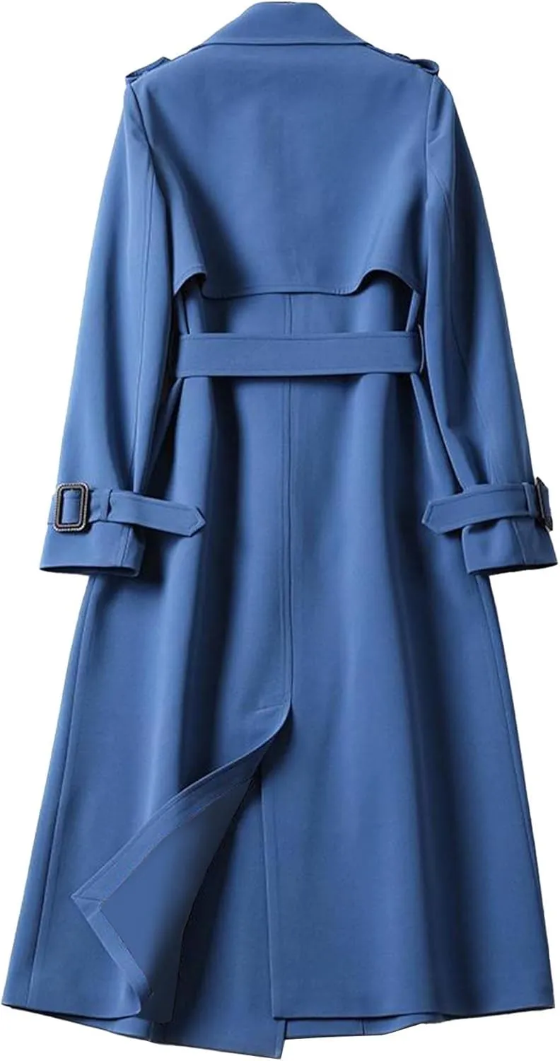 SOMTHRON Women's Double Breasted Long Trench Coat Belted Notch Lapel Overcoat Windproof Classic Outerwear