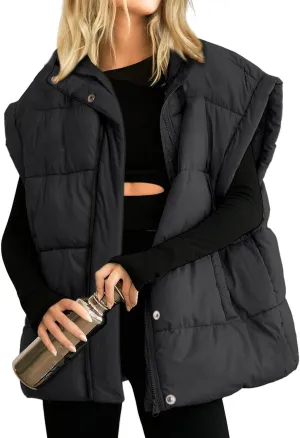 Songling Womens Oversized Puffer Vest Stand Collar Full Zip Sleeveless Bubble Puffer Vest Quilted Padded Warm Coat Outwear