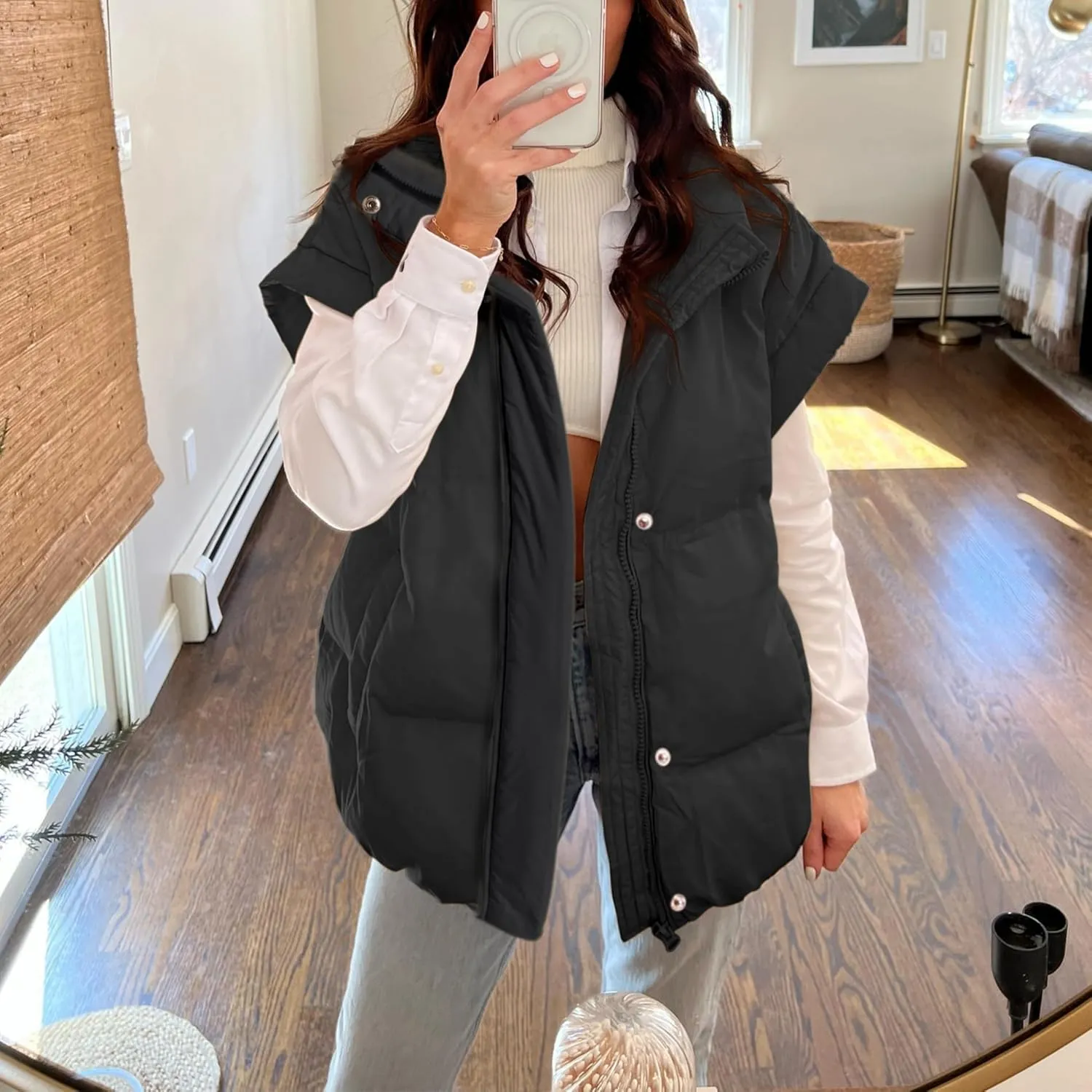 Songling Womens Oversized Puffer Vest Stand Collar Full Zip Sleeveless Bubble Puffer Vest Quilted Padded Warm Coat Outwear