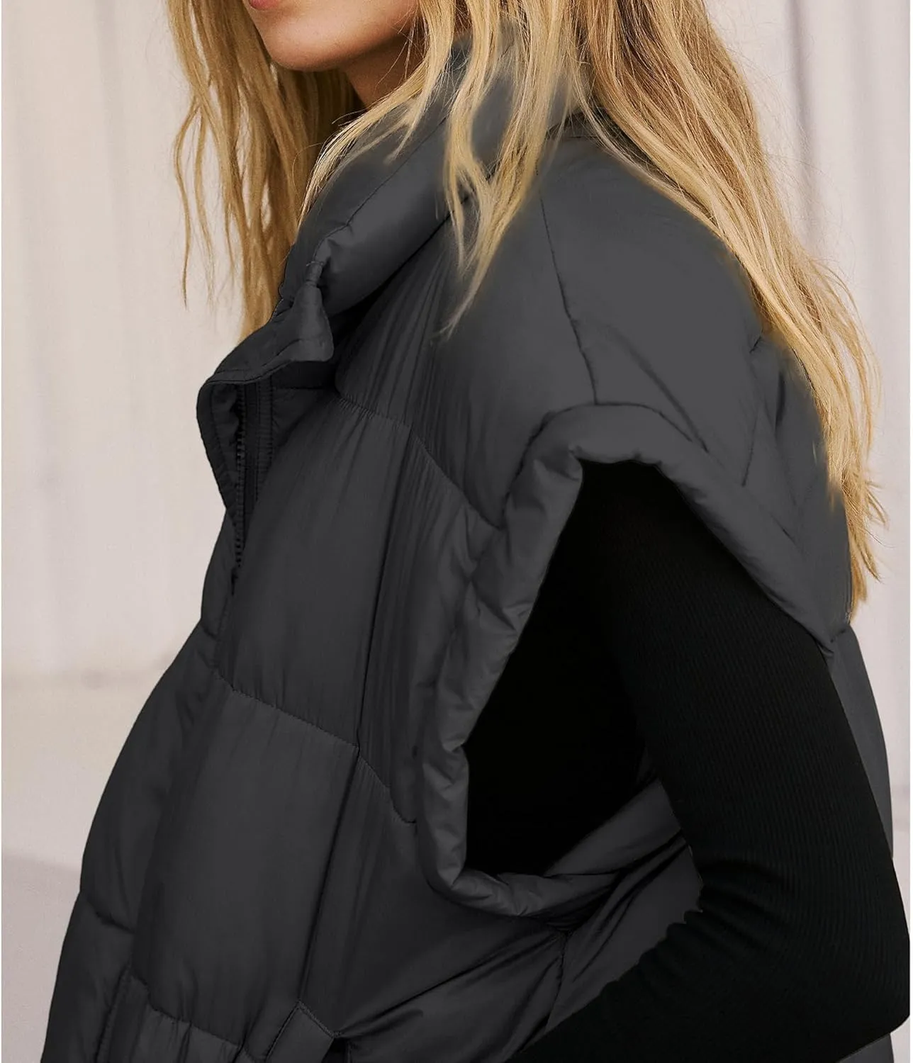 Songling Womens Oversized Puffer Vest Stand Collar Full Zip Sleeveless Bubble Puffer Vest Quilted Padded Warm Coat Outwear