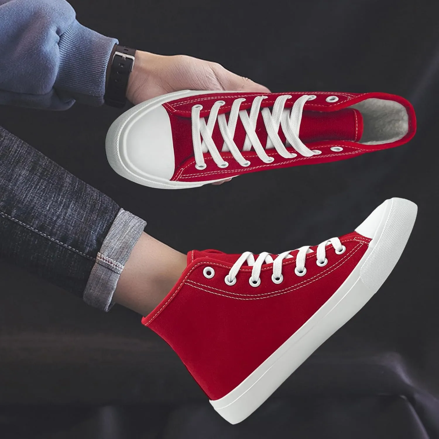 soofylia Womens High Top Canvas Sneakers,Unisex Fashion Lace-up Fuzzy Canvas Shoes,Casual Tennis Walking Shoes for Men